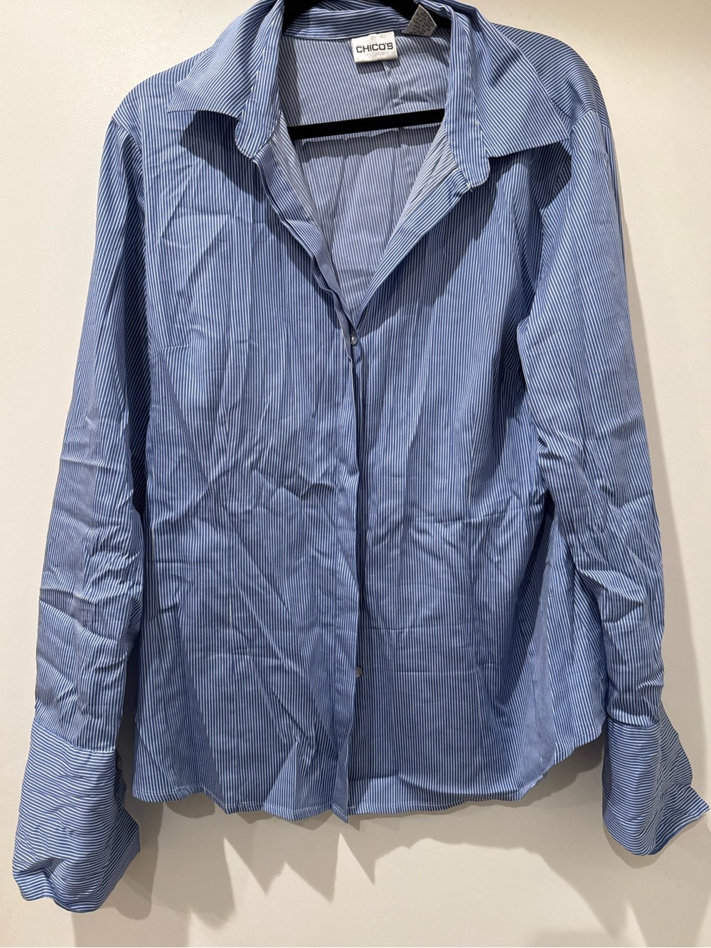 CHICO'S BLUE STRIPED BUTTON UP LONG SLEEVES FRENCH CUFF WOMEN'S SHIRT SZ XL